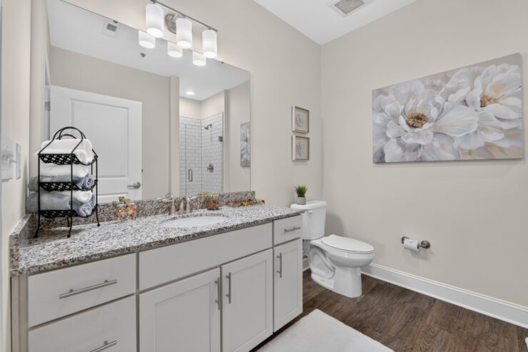 Bright bathroom with granite countertops, white cabinetry, and soft floral wall art.