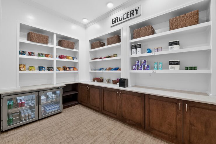 Small grocery area with snacks, beverages, and essentials for resident convenience and comfort.