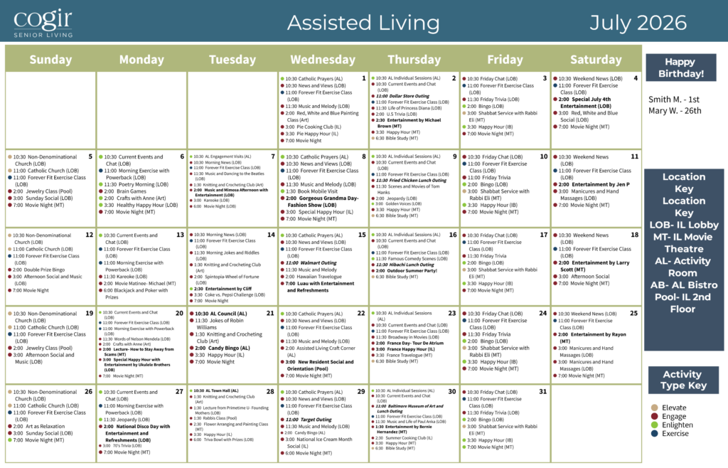 Bright and inviting assisted living calendar showcasing diverse activities for community engagement.