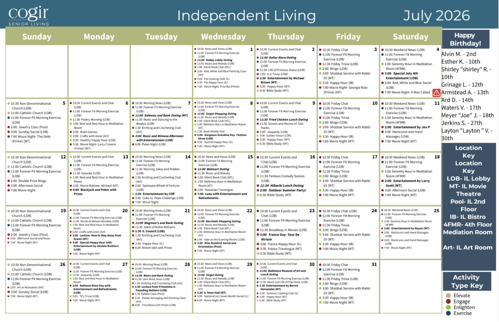Bright, inviting activity calendar highlighting diverse events for engagement and community connection