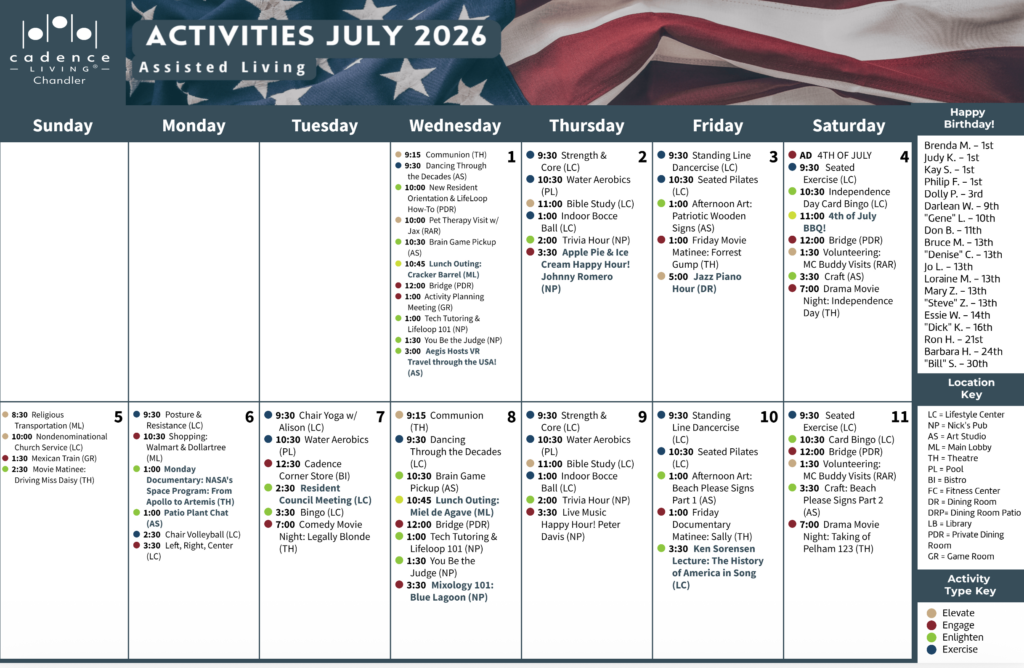 Monthly activity calendar with diverse events promoting wellness, learning, and social connection for residents.