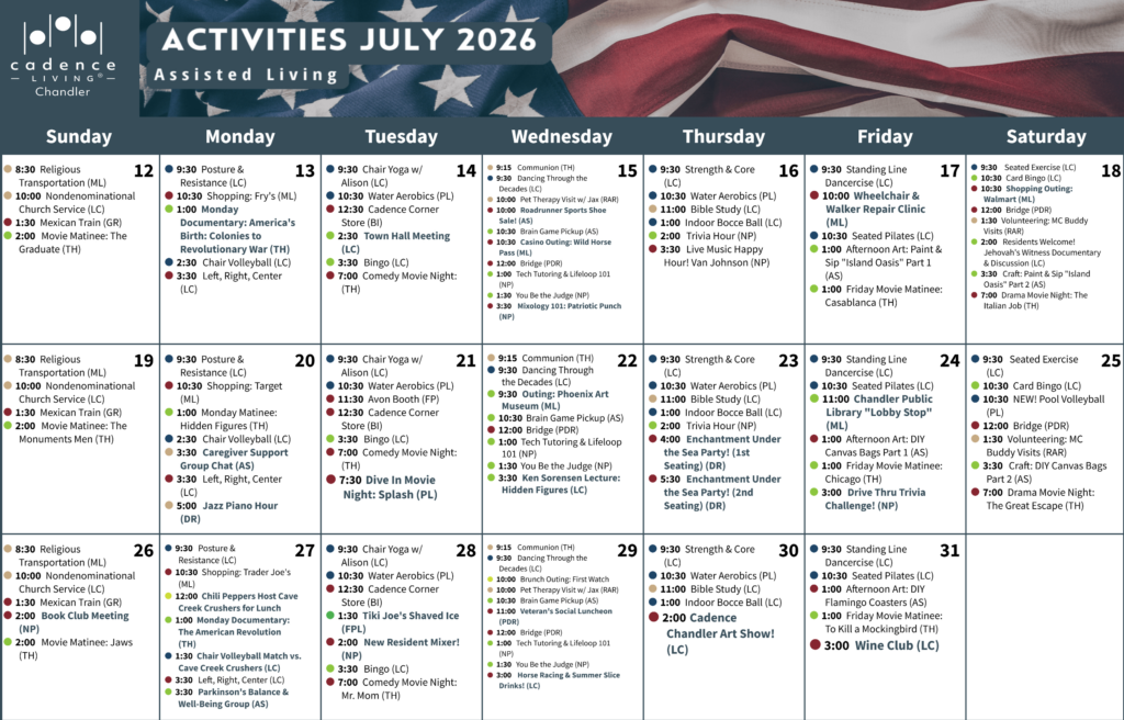 Monthly activities calendar for July 2026 showing diverse events promoting engagement and wellness.