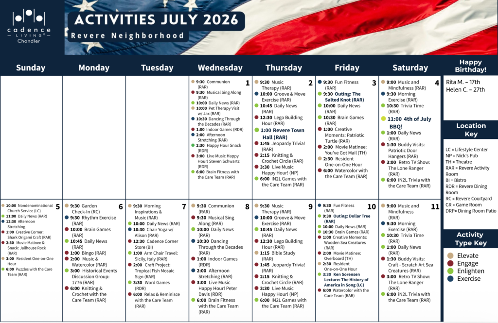 July 2026 calendar featuring diverse engaging activities for vibrant community connection.