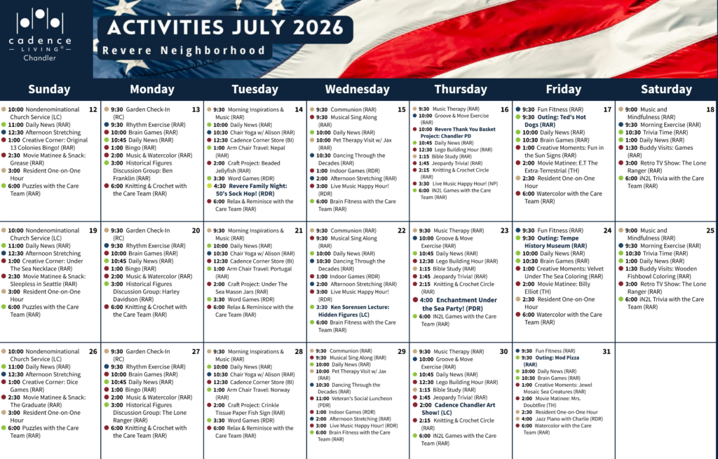 Monthly activity calendar highlighting engaging and varied community events for residents.