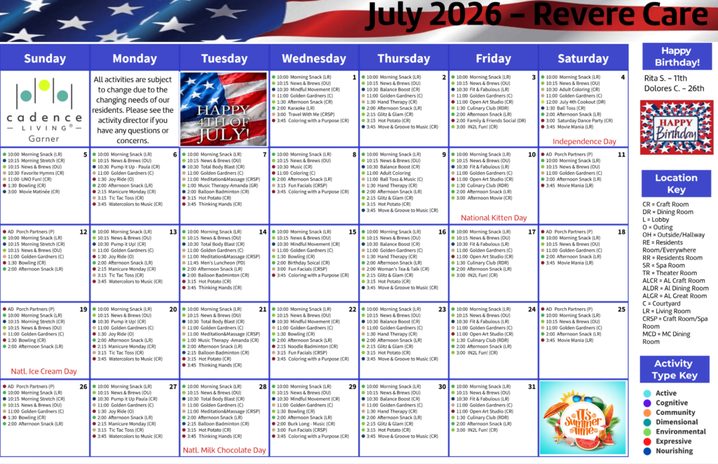 Monthly activity calendar showcasing diverse social and wellness events for engaged residents.