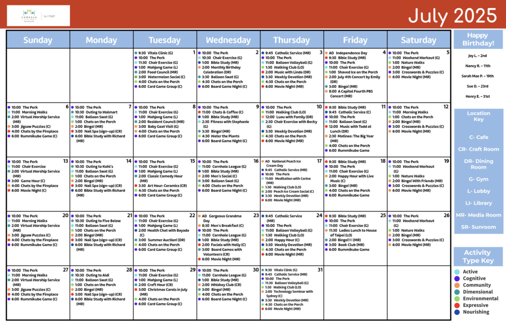 Detailed daily activity calendar for July 2025 showcasing engaging events and community connections.