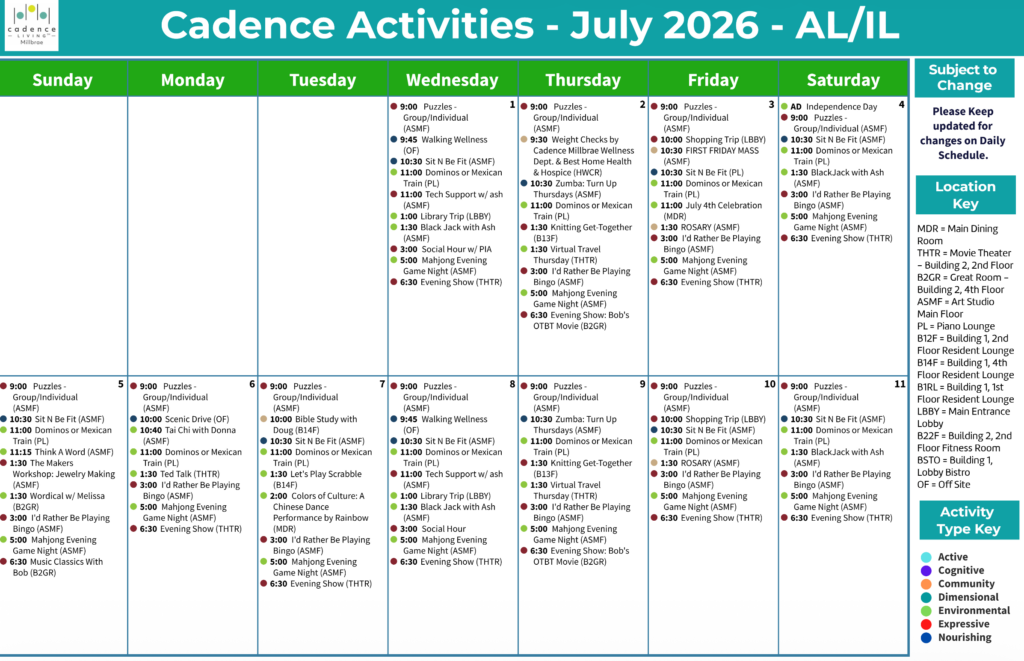 Monthly calendar showcasing diverse engaging activities promoting wellness and social connection.
