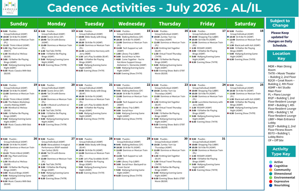 Weekly activity calendar showcasing diverse social, fitness, and wellness events for community engagement.