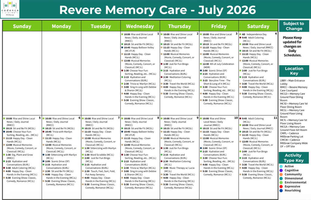 Monthly calendar showcasing engaging memory care activities at Cadence Millbrae community.