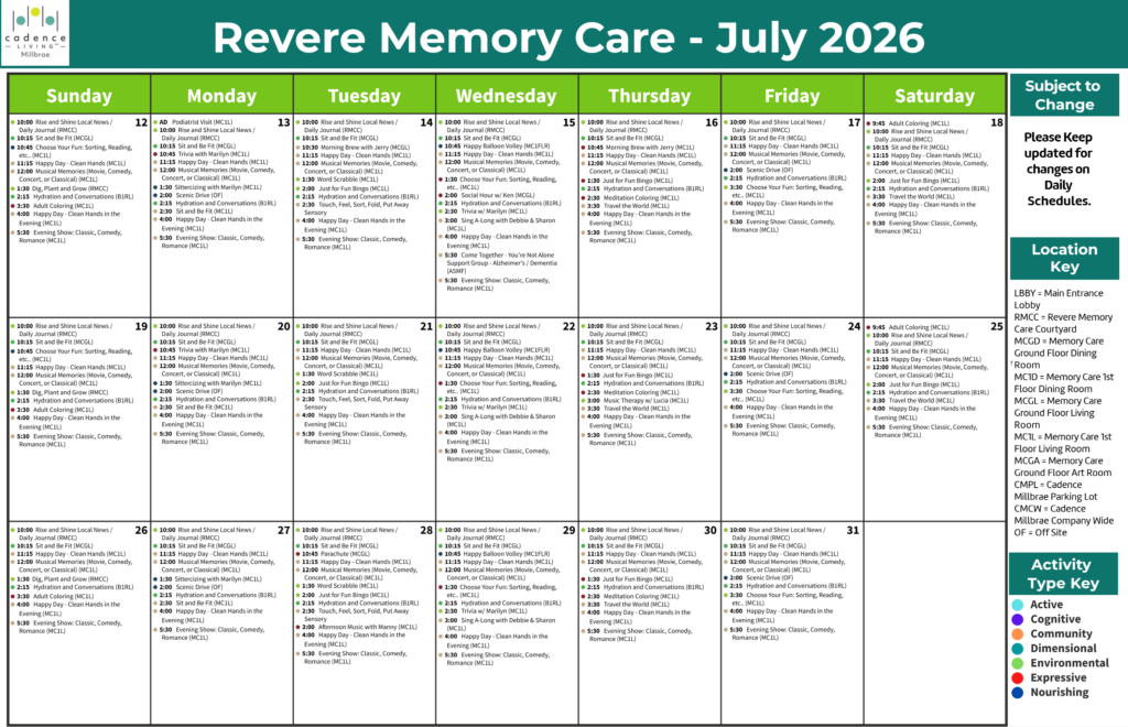 Weekly activity calendar for Revere Memory Care showing diverse social, cognitive, and wellness programs.