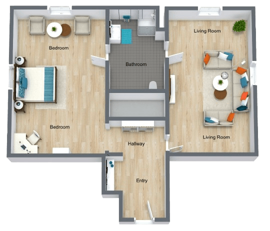 Bright and spacious one-bedroom floor plan with inviting living and sitting areas for comfort and community.
