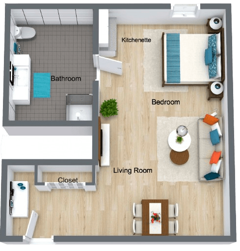 Spacious private studio with living, dining, kitchenette, bedroom, and bathroom for comfortable independent living.
