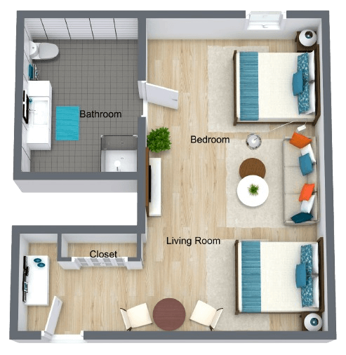 Bright companion suite with two beds, a shared living area, bathroom, and ample natural light.