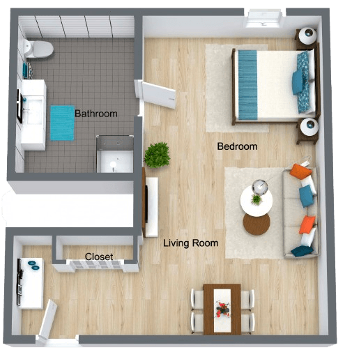 Bright, open studio apartment with comfortable living, dining, and private bedroom areas promoting relaxed living.