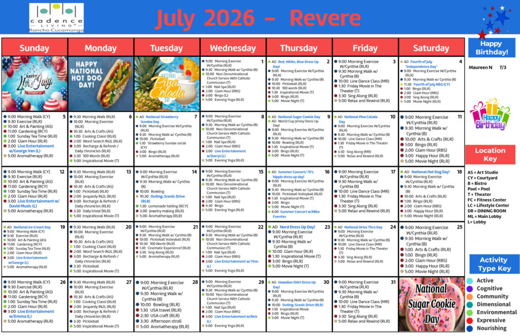 Bright, colorful monthly calendar showcasing diverse, engaging activities for a vibrant senior community.