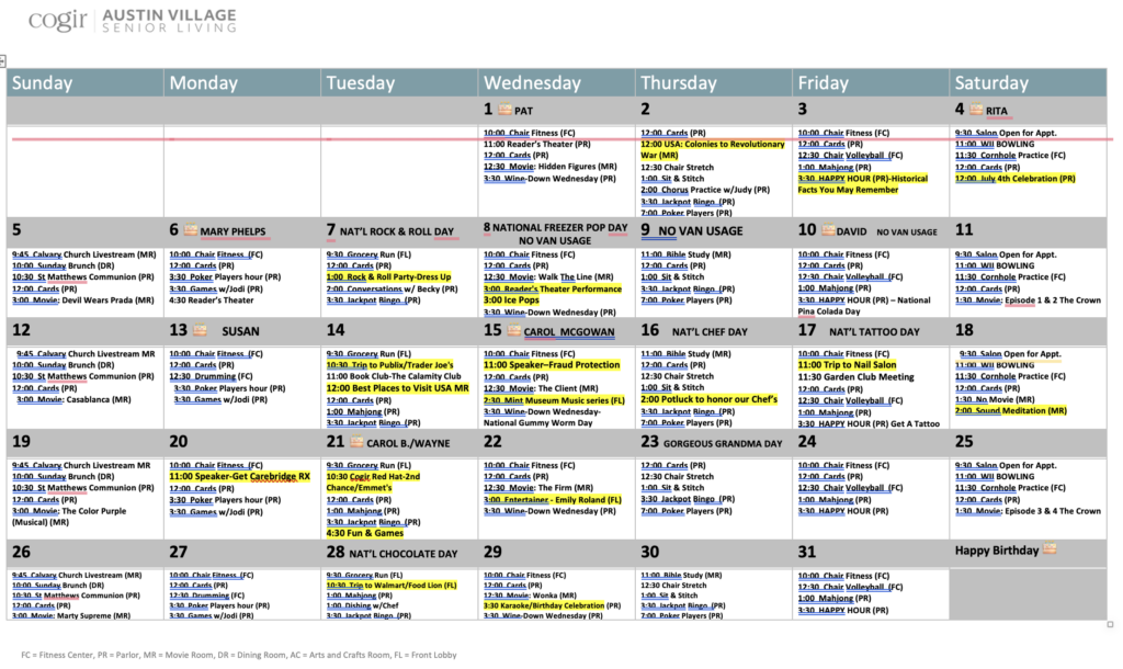 Community calendar showcasing diverse activities and social events designed for senior engagement and wellness.