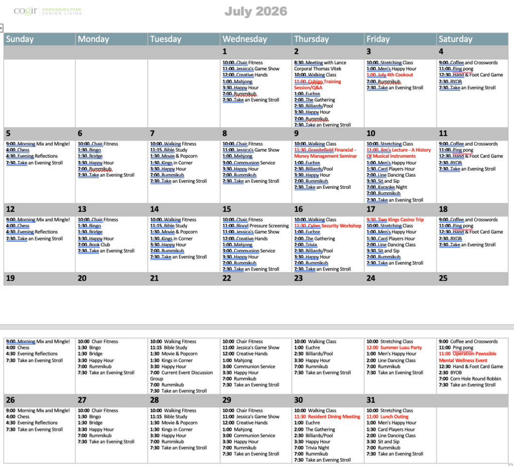 Monthly activity calendar showcasing diverse events fostering connection and well-being.