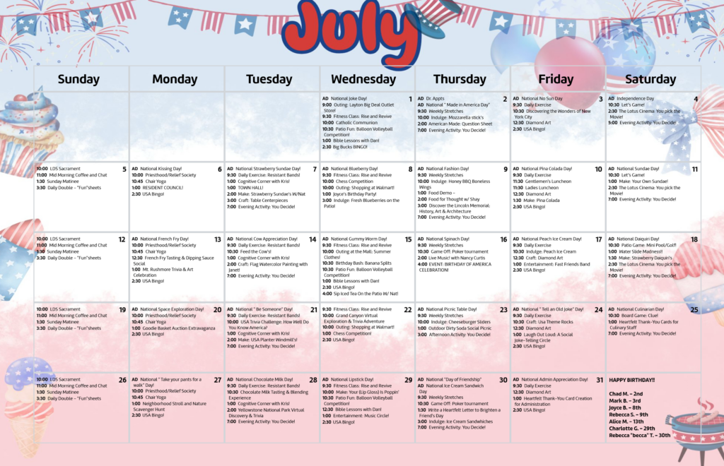 Bright, festive July calendar filled with fun community activities and social events for all residents