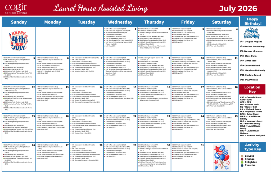 Monthly activity calendar showcasing diverse events and social gatherings for resident engagement and wellness.
