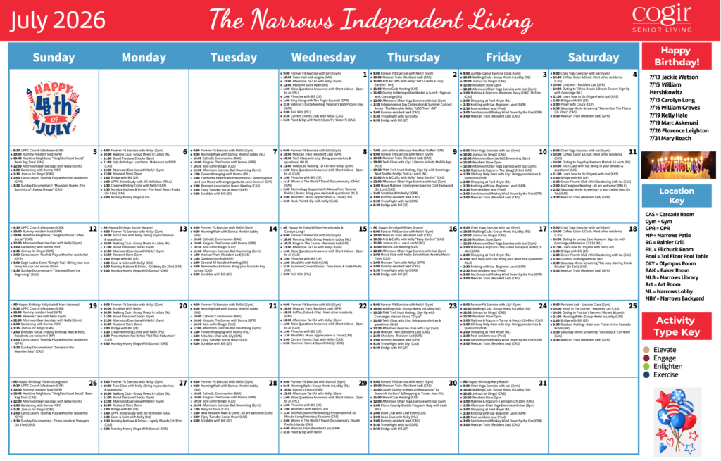 Monthly activity calendar showcasing diverse social, fitness, and educational events for senior community engagement.