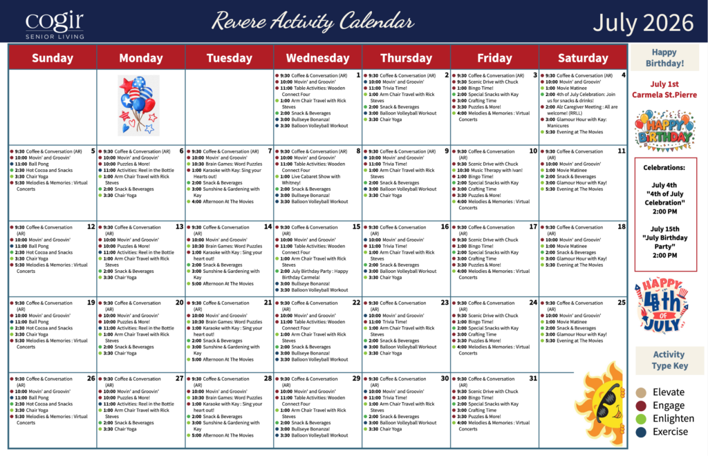 Senior living activity calendar showcasing engaging daily events for community connection and wellness.