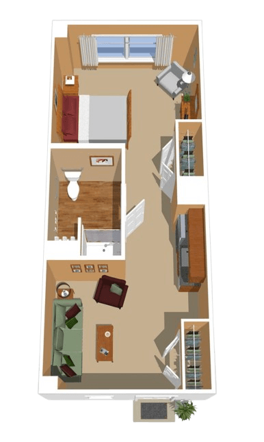 Spacious one-bedroom layout with living area, bathroom, and natural light for comfortable living.