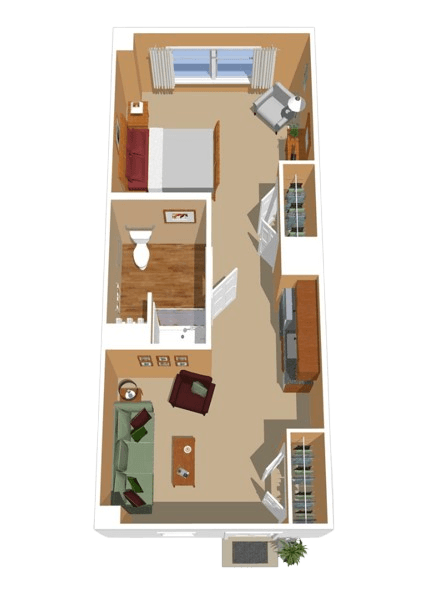 Compact and well-organized one-bedroom apartment with comfortable living and restful bedroom spaces.
