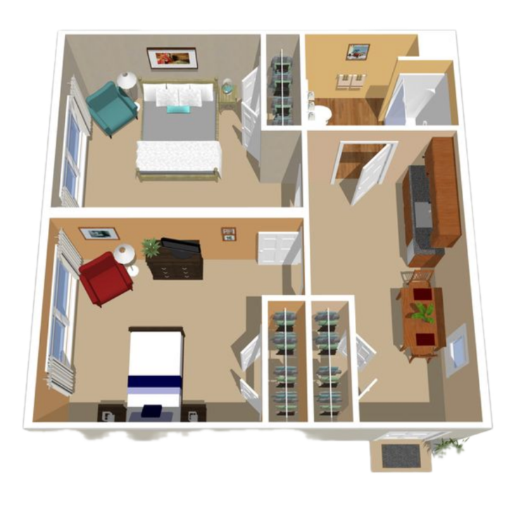Two-bedroom apartment layout with cozy living spaces, ample storage, and a welcoming dining area.