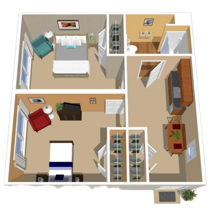 Spacious companion suite with two bedrooms, shared living areas, and ample natural light.