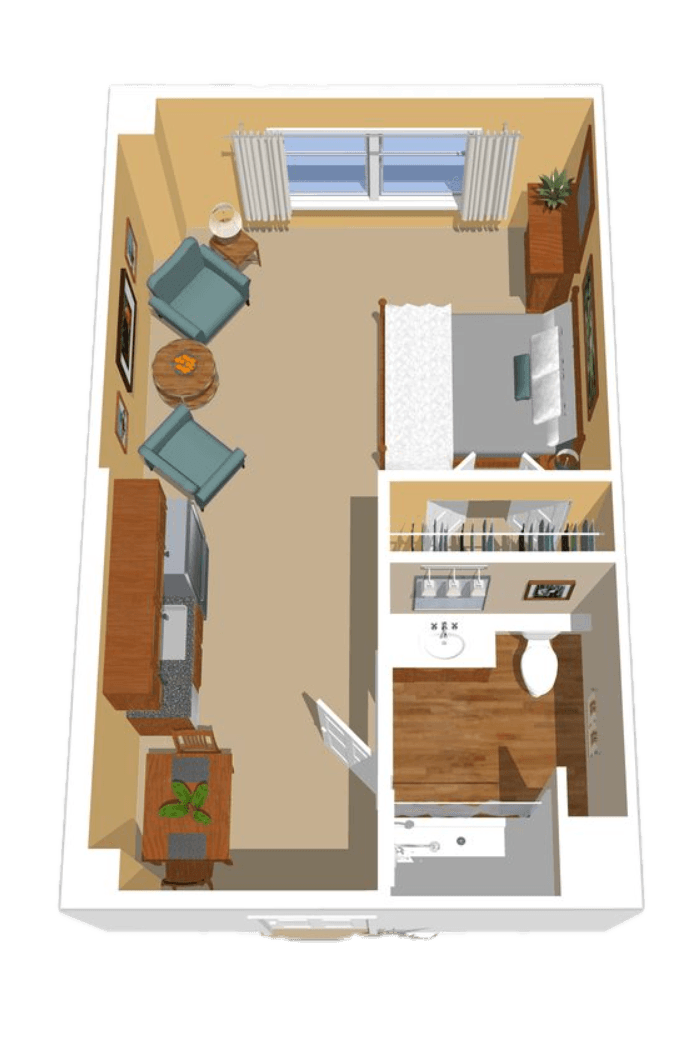 Studio apartment with inviting seating, natural light, functional kitchen, and cozy bedroom.