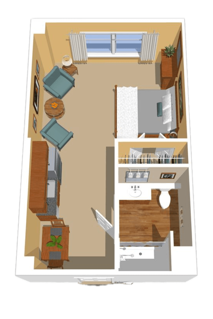 Bright, inviting studio with comfortable seating, dining area, and accessible bathroom for independent living.