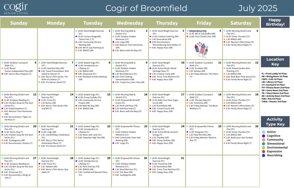 Monthly activity calendar showcasing diverse social and wellness events at Cogir of Broomfield.