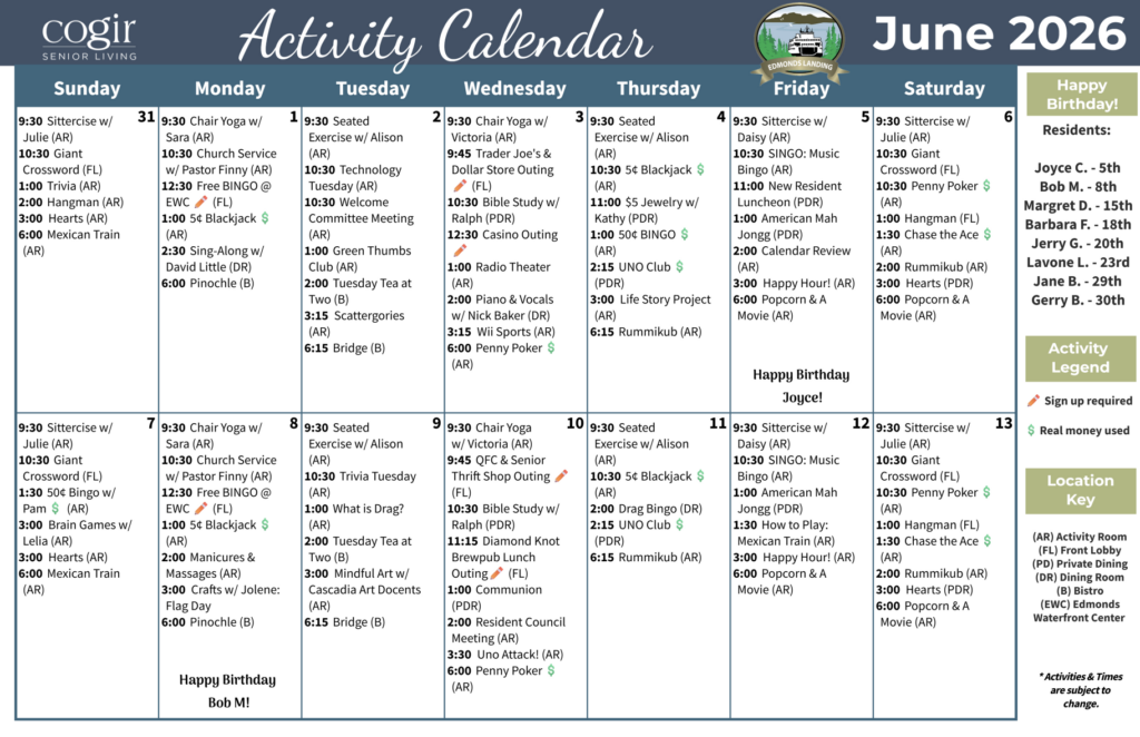 Monthly activity calendar highlighting engaging events and social gatherings for residents.