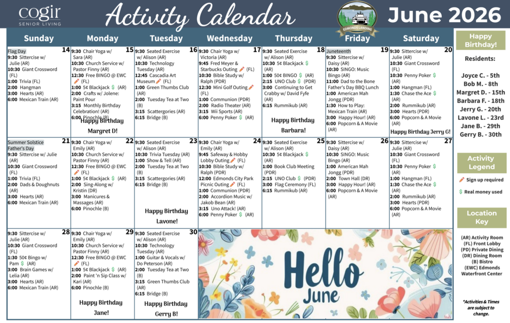 Monthly activity calendar showing diverse social and wellness events fostering community connection.