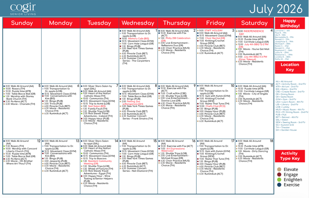 Retirement community calendar showing daily activities promoting engagement, exercise, and social connection.