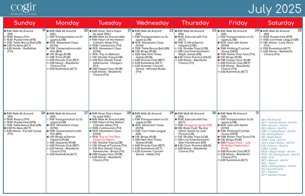 Weekly activity calendar featuring diverse social, fitness, and entertainment events for residents.