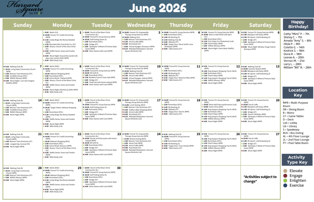 Monthly activity calendar showcasing diverse events fostering connection and wellness at Harvard Square.