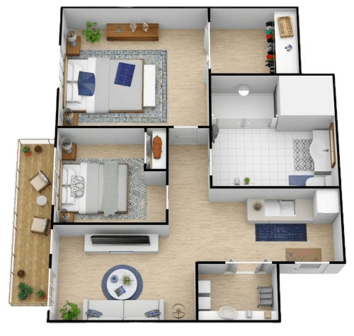 Spacious senior living unit with two bedrooms, open living area, and a relaxing balcony.
