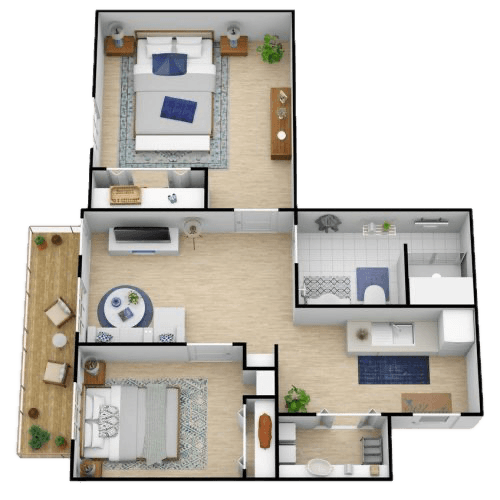 Spacious and inviting apartment with two bedrooms, bright living area, and outdoor seating.