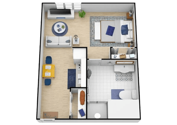 Well-organized studio apartment with inviting living, dining, sleeping, and bathroom areas designed for comfort and ease.