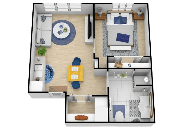 One-bedroom apartment with open living space, dining area, and bright, welcoming bedroom.