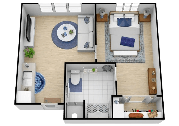 One-bedroom living space with inviting seating, natural light, and thoughtful amenities for comfort.