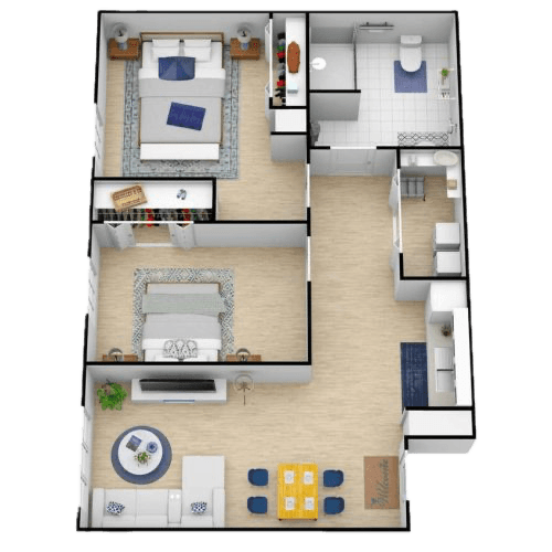 Two-bedroom retirement home unit featuring a living area, kitchen, and accessible bathroom.