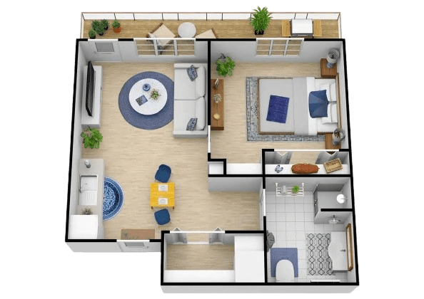 Bright, inviting one-bedroom apartment with comfortable living, dining, and outdoor spaces.