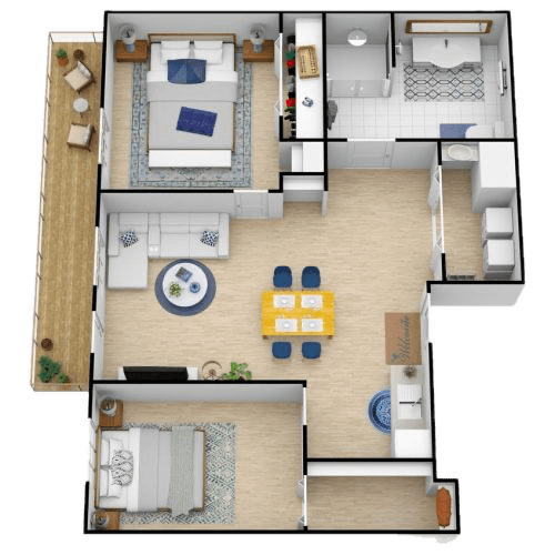 Two-bedroom retirement home layout with welcoming living, dining, and outdoor sitting areas.