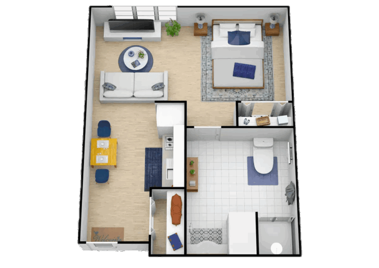 Bright, well-organized studio apartment with living, dining, and restful sleeping areas designed for comfort.