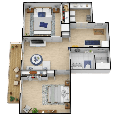 Spacious and welcoming two-bedroom apartment with living area, kitchen, and outdoor patio for relaxation.