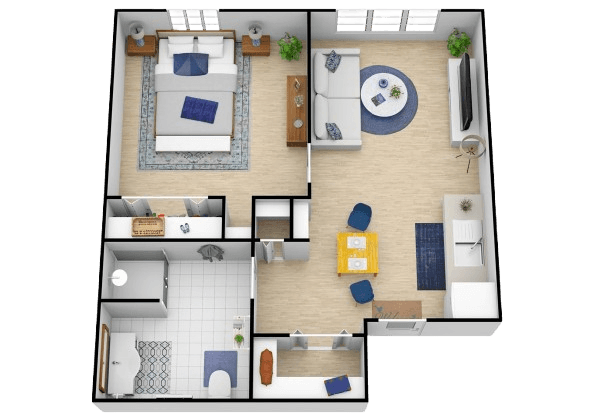 Bright and inviting retirement home suite with comfortable living, dining, and bedroom areas.