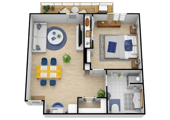Spacious one-bedroom apartment with modern living and dining areas, promoting comfort and community.