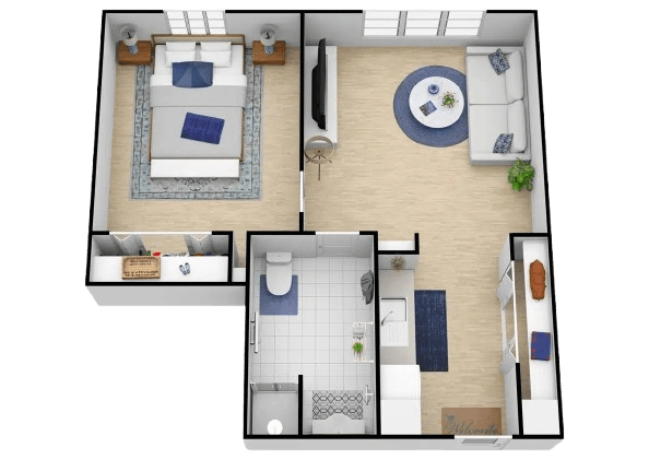 Bright and inviting studio with comfortable living space, modern amenities, and natural light.